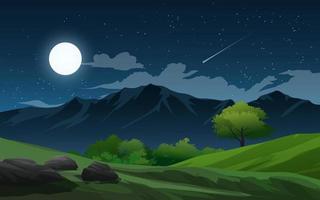 paisagem noturna de montanha e campo com lua cheia vetor