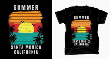 verão santa monica califórnia tipografia com pôr do sol e palm t shirt vetor