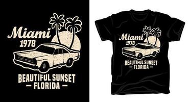 miami bela tipografia por do sol com design de camiseta de carro clássico vetor