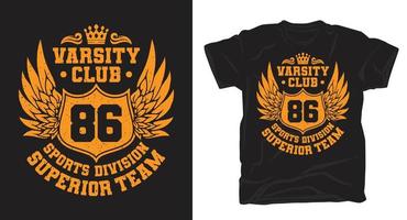 time do colégio oitenta e seis com design de t-shirt de tipografia de asas e escudo vetor