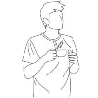 um jovem bonito segurando a caneca apreciando o aroma de uma xícara de café ou chá. um homem bebendo e bebendo seu café da manhã. homem feliz sorrindo com cheiro de café delicioso durante o café da manhã vetor