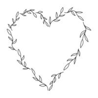 vector frame floral na ilustração de estilo preto lineart. forma de coração linda decoração com folhas para convites, cartões, casamento