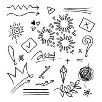 doodle vetor definido ilustração com vetor de estilo de arte de linha de desenho de mão. coroa, rei, sol, flecha, coração, amor, estrela, redemoinho, swoops, ênfase, para design de conceito