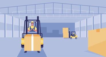 homem dirigindo empilhadeira carregadeira paleteira armazém robô carro entrega caixa de encomendas conceito de transporte logístico. vetor