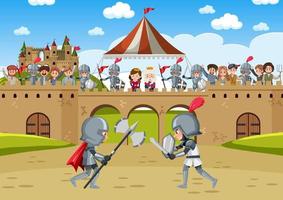 cena medieval com dois cavaleiros de armadura está lutando vetor