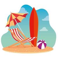 cenas de verão, cadeira de praia com guarda-chuva, prancha de surf e bola de plástico, na praia vetor
