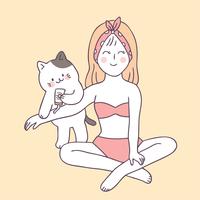 Vetor bonito da mulher e do gato do verão dos desenhos animados.