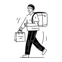 pessoa com mochila e tabuleta, conceito de caminhada ilustração desenhada à mão vetor
