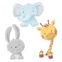 Conjunto de bebê elefante coelho e girafa. Estilo dos desenhos animados. Vetor