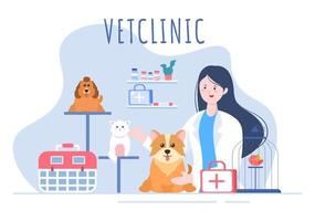 médico de clínica veterinária examinando, vacinação e cuidados de saúde para animais de estimação como cães e gatos em ilustração vetorial de plano de fundo dos desenhos animados para pôster ou banner vetor