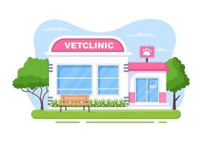 médico de clínica veterinária examinando, vacinação e cuidados de saúde para animais de estimação como cães e gatos em ilustração vetorial de plano de fundo dos desenhos animados para pôster ou banner vetor