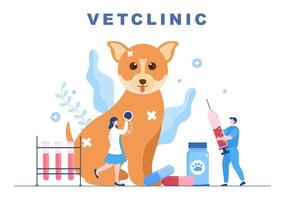 médico de clínica veterinária examinando, vacinação e cuidados de saúde para animais de estimação como cães e gatos em ilustração vetorial de plano de fundo dos desenhos animados para pôster ou banner vetor