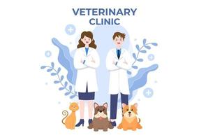 médico de clínica veterinária examinando, vacinação e cuidados de saúde para animais de estimação como cães e gatos em ilustração vetorial de plano de fundo dos desenhos animados para pôster ou banner vetor