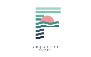 letra f design de logotipo com linhas de gradiente e meio círculo vermelho. ilustração vetorial com linhas de mar e pôr do sol. vetor