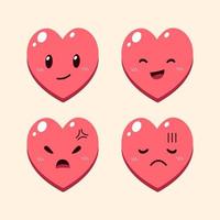 rostos de personagens de coração fofo de desenho vetorial mostrando emoções diferentes vetor