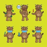 conjunto de desenhos animados de búfalo fofo com corona em poses diferentes vetor