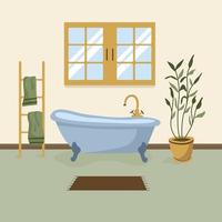 casa de banho com ilustração vetorial de móveis. interior do banheiro com grande janela no apartamento vetor