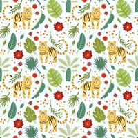 tigre com plantas de safári e flores sem costura de fundo vector. design de padrão animal engraçado para crianças