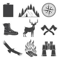 conjunto de ícones de caminhadas e camping isolados no fundo branco. vetor. conjunto inclui bússola, condor, botas, machado, veado, barraca, fogueira, balão, silhueta de floresta de binóculos vetor