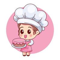 garota de pastelaria estilo cartoon mostrando bolo lindo e delicioso vetor