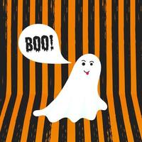 conceito de mensagem de halloween boo fantasma. o personagem fantasma assustador engraçado de halloween voador diz vaia com espaço de texto na ilustração vetorial de bolha do discurso isolada em fundo listrado laranja. vetor