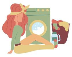 ilustração vetorial desenhada à mão de uma mulher lavando. conceito de lavanderia. conceito de trabalho doméstico. lavagem em casa. vetor