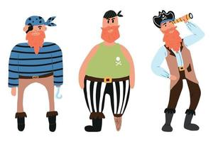 conjunto de vetores de homens piratas bonitos. um conjunto de três piratas. um pirata com chapéu e telescópio com gancho.