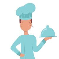 ilustração vetorial desenhada à mão de um chef de menina. a garota chef tem um prato pronto na mão. a ilustração é adequada para banners publicitários. vetor