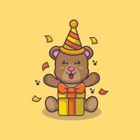 ilustração de desenho animado de mascote de urso fofo na festa de aniversário vetor