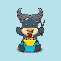 ilustração de desenho animado de mascote de búfalo fofo comendo macarrão vetor