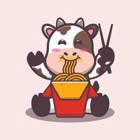 ilustração de desenho animado de mascote de vaca fofa comendo macarrão vetor