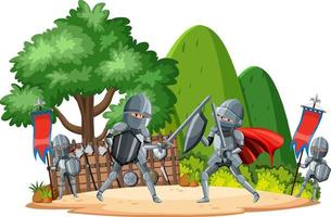 paisagem de batalha medieval isolada com cavaleiros de armadura lutando vetor