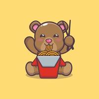 ilustração de desenho animado de mascote de urso fofo comendo macarrão vetor