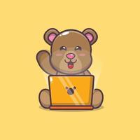 ilustração de desenho animado de mascote de urso fofo com laptop vetor