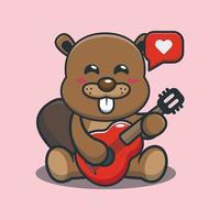 ilustração de desenho animado de mascote de castor bonito tocando guitarra vetor