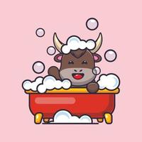 ilustração de desenho animado de mascote de touro bonitinho tomando banho de espuma na banheira vetor