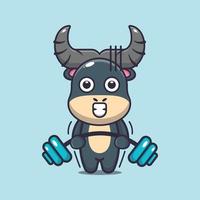 ilustração de desenho animado de mascote de búfalo bonito levantando a barra vetor