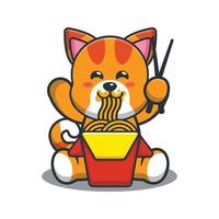 ilustração de desenho animado de mascote de gato fofo comendo macarrão vetor