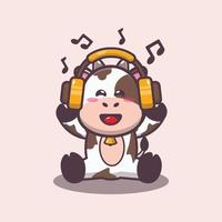 ilustração de desenho animado de mascote de vaca fofa ouvindo música com fone de ouvido vetor