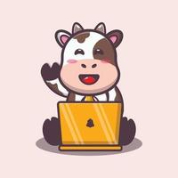 ilustração de desenho animado de mascote de vaca fofa com laptop vetor