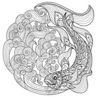 peixes e ondas do mar desenhadas à mão para livro de colorir adulto vetor