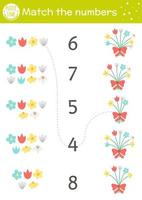 jogo de correspondência de páscoa com buquê de flores da primavera. atividade matemática de férias para crianças pré-escolares com plantas. planilha de contagem imprimível educacional com elementos engraçados fofos para crianças vetor