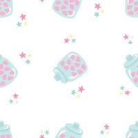 padrão perfeito para uma princesinha, com biscoitos cor de rosa, marshmallows em uma jarra. fundo vetorial festivo para impressão em papel, tecido, embalagem. ilustração em tons pastel suaves. vetor