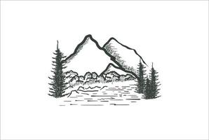 montanha com rio riacho e pinheiro sempre-verde conífera abeto cipreste larício floresta vetor de design de logotipo