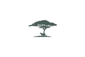 árvore de acácia africana com tigre jaguar leopardo chita puma pantera silhueta para vetor de design de logotipo de aventura de safári
