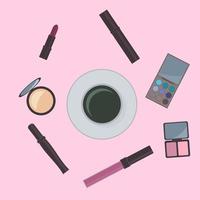 acessórios de cosméticos plana leigos e xícara de café. penteadeira. conceito de beleza, moda, glamour. desenho vetorial para salões de beleza, blogueiros, mídias sociais, sites, logotipo, cartões, etc. vetor