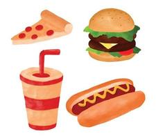 conjunto de doodle de fast-food em ilustração vetorial de estilo aquarela. vetor
