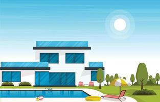 piscina ao ar livre casa de luxo lazer relaxamento ilustração de design plano vetor