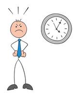 empresário de stickman está na frente do relógio com as mãos na cintura e muito zangado, acha que é tarde, ilustração em vetor de desenho animado desenhado à mão