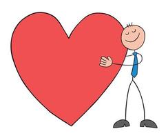 empresário de stickman apaixonado ou saudável e abraça o coração, ilustração em vetor de desenho animado de contorno desenhado à mão